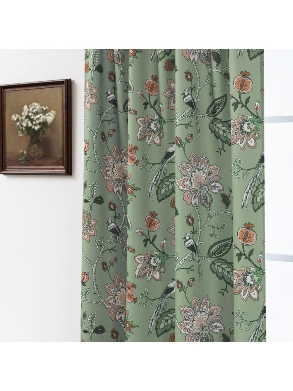 Vintage Boho Floral Blackout Curtains, 63" Room Darkening Panels, Sage Green